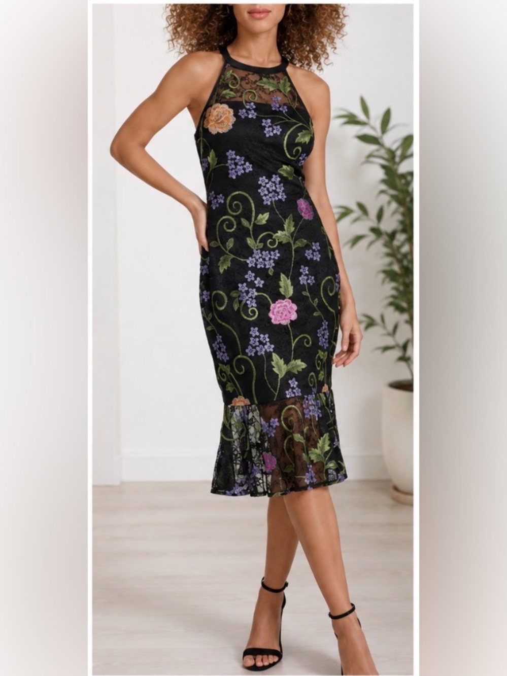 Siena- Black Lace Floral Embroidered Midi Dress- Size 6